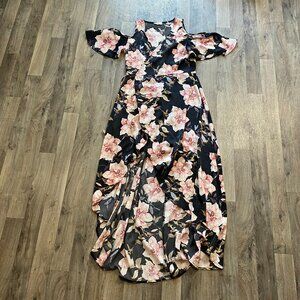 Hummingbird Pink Floral Cold Shoulder Wrap Dress High Low Small